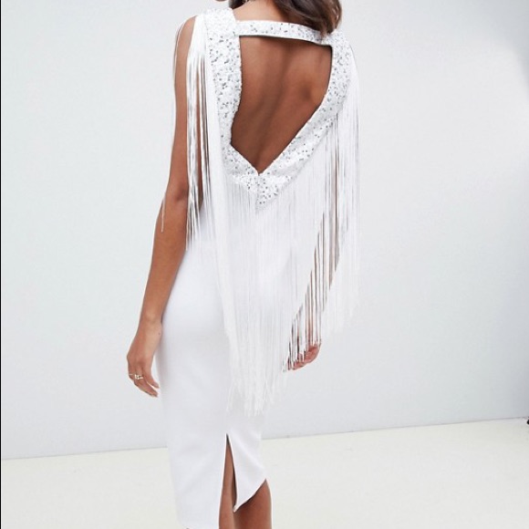 Embellished Scuba Fringe Back Midi Bodycon Dress
